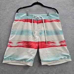 Oakley Men Swimwear‎ 32 Aqua Blue Board Shorts Striped Activewear Logo 8" Inseam